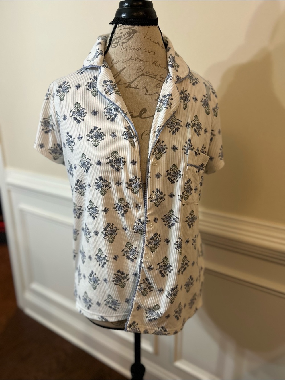 Laura Ashley Cream Button-Front Short Sleeve Shirt with Blue Floral Print